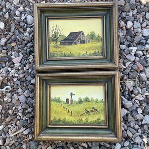 Set 2 Vintage Framed Oil Paintings Signed R. Christoffel Farm Wagon Barn Wind